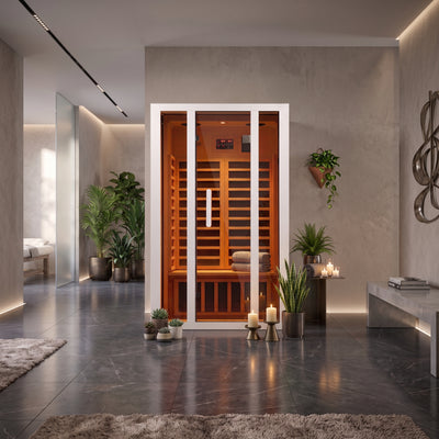 2 Person Extendable FAR Infrared Sauna for Home, Hemlock Wood Low EMF 6 Carbon Heaters Indoor Saunas with LED Lights, Bluetooth Speaker, Digital Control Panel, and Seating Bench