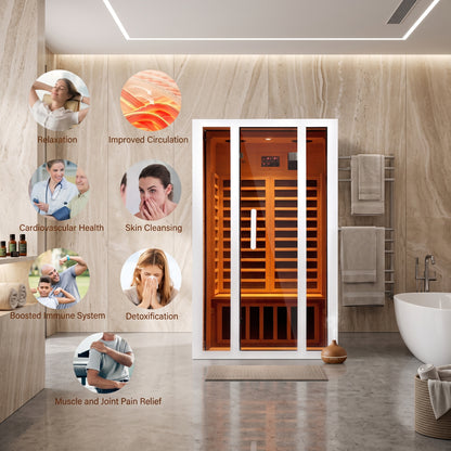 2 Person Extendable FAR Infrared Sauna for Home, Hemlock Wood Low EMF 6 Carbon Heaters Indoor Saunas with LED Lights, Bluetooth Speaker, Digital Control Panel, and Seating Bench