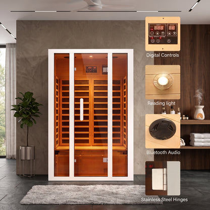 2 Person Extendable FAR Infrared Sauna for Home, Hemlock Wood Low EMF 6 Carbon Heaters Indoor Saunas with LED Lights, Bluetooth Speaker, Digital Control Panel, and Seating Bench