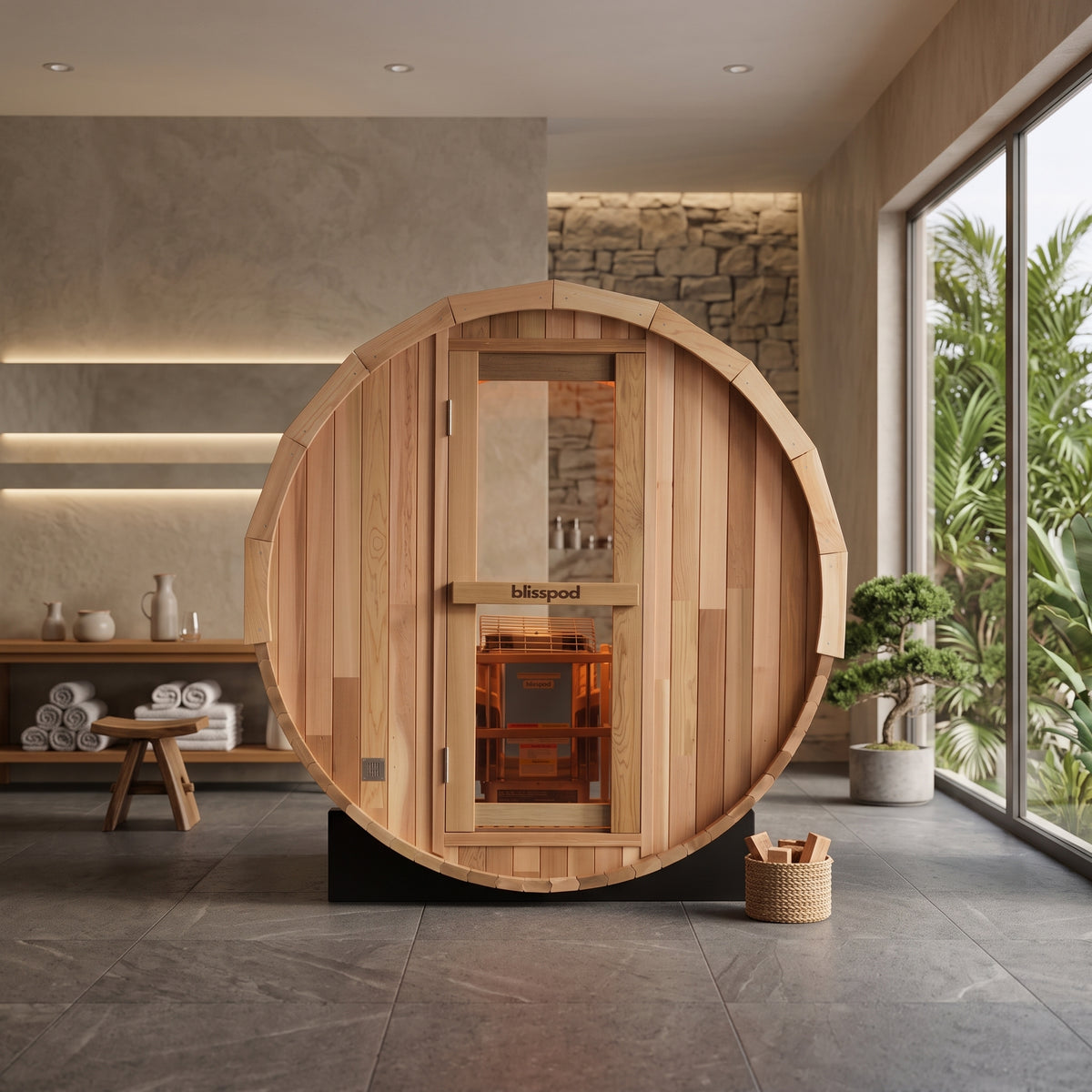 Blisspod | Prague | Canadian Red Cedar Outdoor Steam Barell Sauna | Full Glass Back