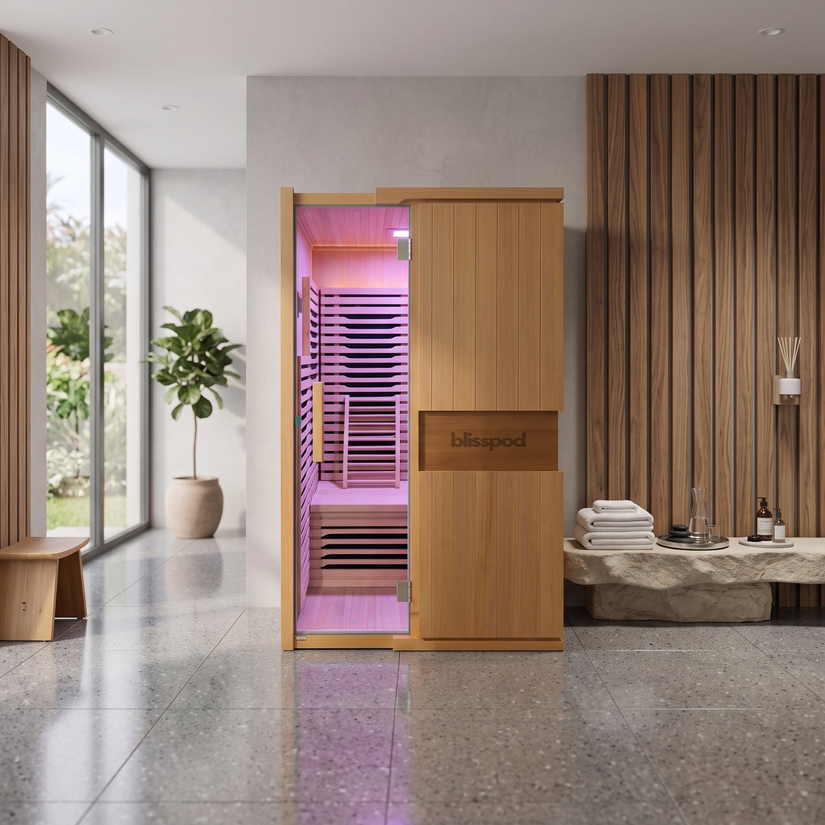Blisspod | Milano | Full Spectrum Sauna | Canadian Hemlock Wood | Ultra Low EMF | 5 Far Infrared & 1 Red Glass Heater | Chromotherapy | Upto 2 Person