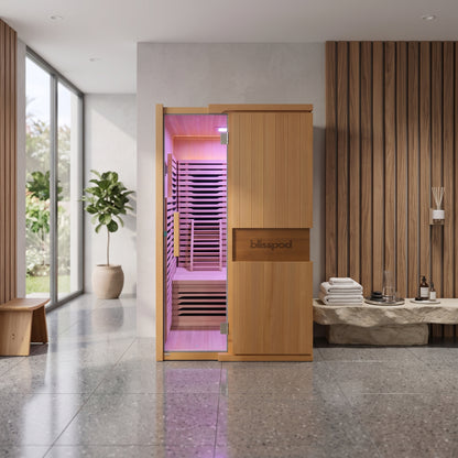 Blisspod | Milano | Full Spectrum Sauna | Canadian Hemlock Wood | Ultra Low EMF | 5 Far Infrared & 1 Red Glass Heater | Chromotherapy | Upto 2 Person