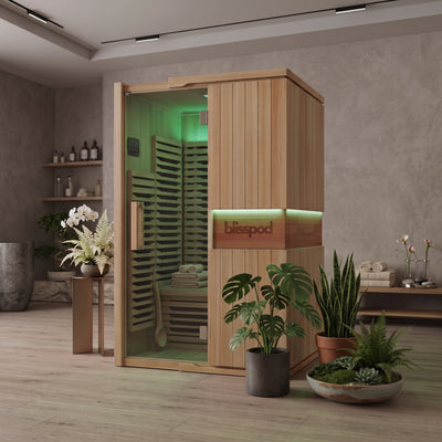 Blisspod | Milano | Full Spectrum Sauna | Canadian Hemlock Wood | Ultra Low EMF | 5 Far Infrared & 1 Red Glass Heater | Chromotherapy | Upto 2 Person