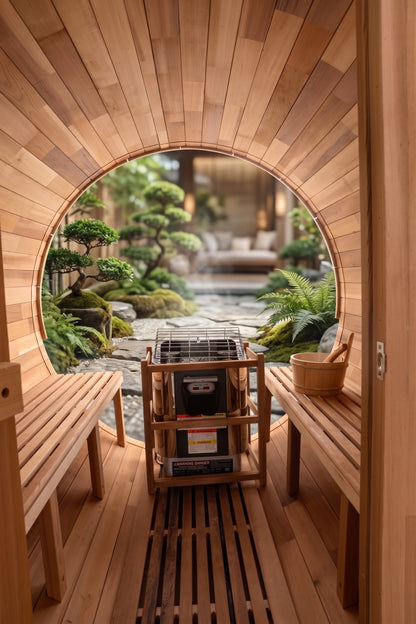 Blisspod | Prague | Canadian Red Cedar Outdoor Steam Barell Sauna | Full Glass Back