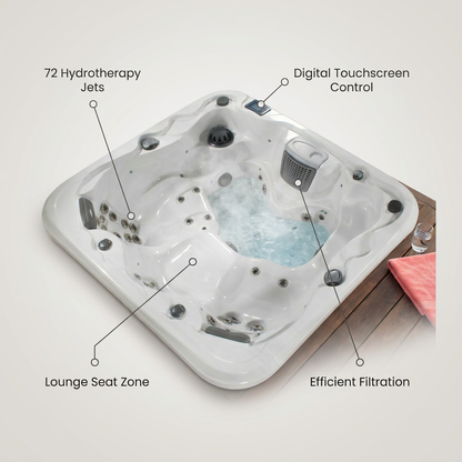 Outdoor Hot Tub Spa Designed for Home Relaxation, 5x7 Feet, 4 Person Capacity, Premium Hydrotherapy — infographic
