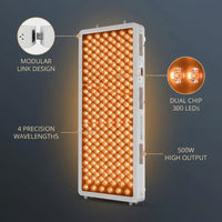 Red Light Therapy Device, 4 Wavelengths Full Body Infrared Red Light Therapy at Home, Elite Grade Dual Chip 300 Leds, High Power, 500W. Modular Design. — infographic