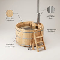 Wood Fired 4-Person to 5-Person 0-Jet Hot Tub and Ice Bath with Internal Stove Pine — infographic