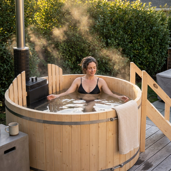 Wood Fired Hot Tub Designed for Year-Round Outdoor Use, 4-5 Person Capacity, Pine Construction, Stainless Steel Stove