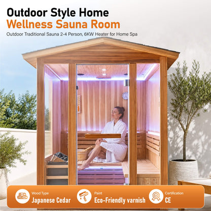 Solenne Outdoor 4-Person Traditional Cedar Steam Sauna With Sauna Heater